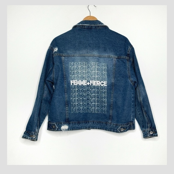 NEW Cotton On Denim Jacket Femme Fierce Graphic Worn In Statement Denim Jacket - Picture 3 of 15